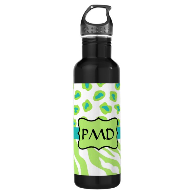 Green, White & Teal Zebra & Cheetah Personalised 710 Ml Water Bottle (Front)