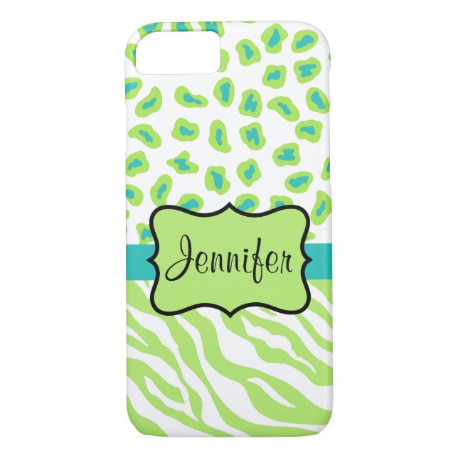 Green White Teal Zebra Leopard Name Personalised Case-Mate iPhone Case (Back)