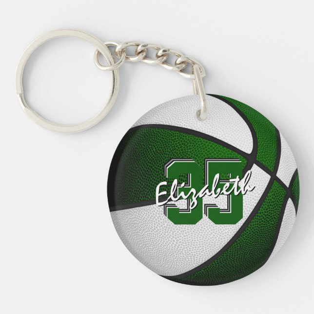 green white team colours girls boys basketball key ring (Front)