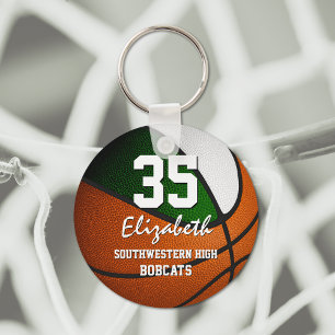 Green white team colours girls boys basketball key ring