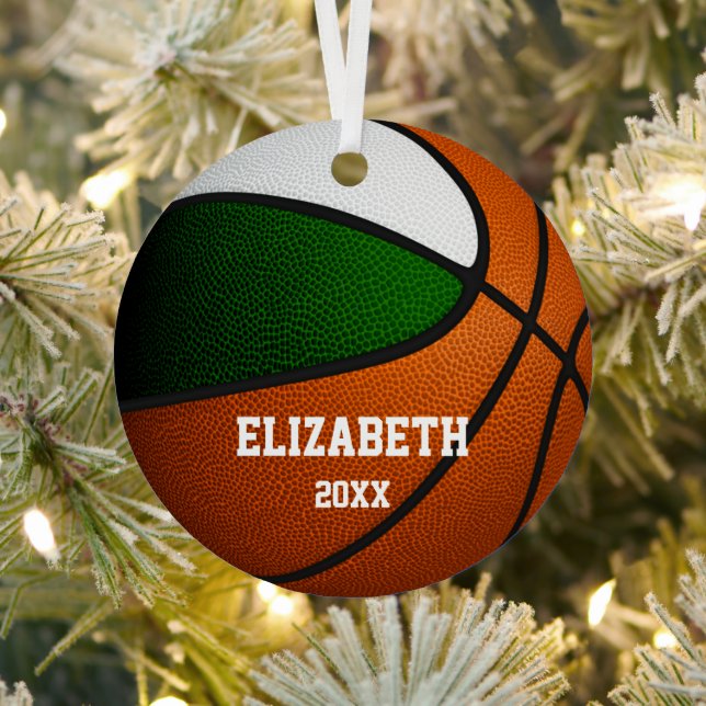 green white team colours girls boys basketball metal tree decoration (Insitu)