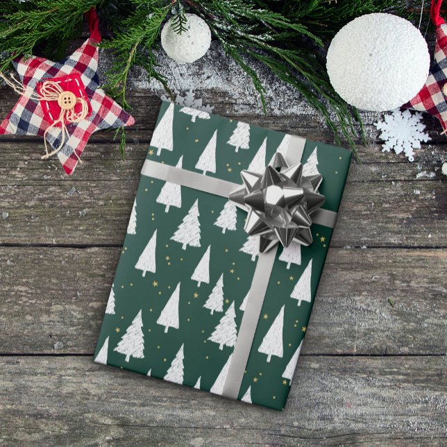 Green White Trees Christmas Holiday Wrapping Paper (Creator Uploaded)