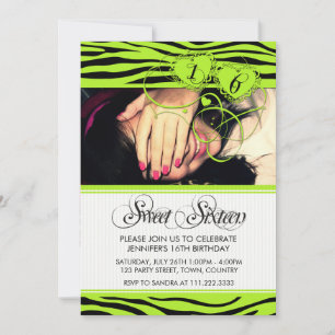 GREEN WHITE TRENDY ZEBRA PRINT SWEET SIXTEEN INVITATION