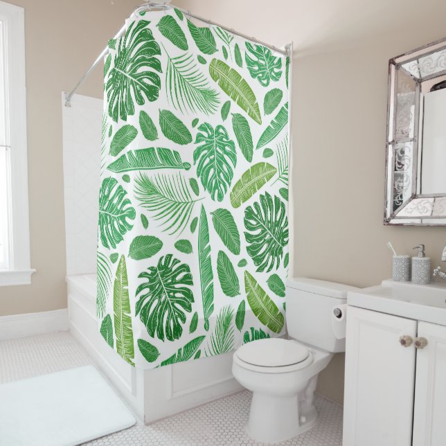 Green & white tropical leafs pattern shower curtain (In Situ)