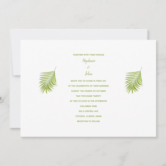 Green White Tropical Palm Leaf Elegant Wedding Invitation (Front)