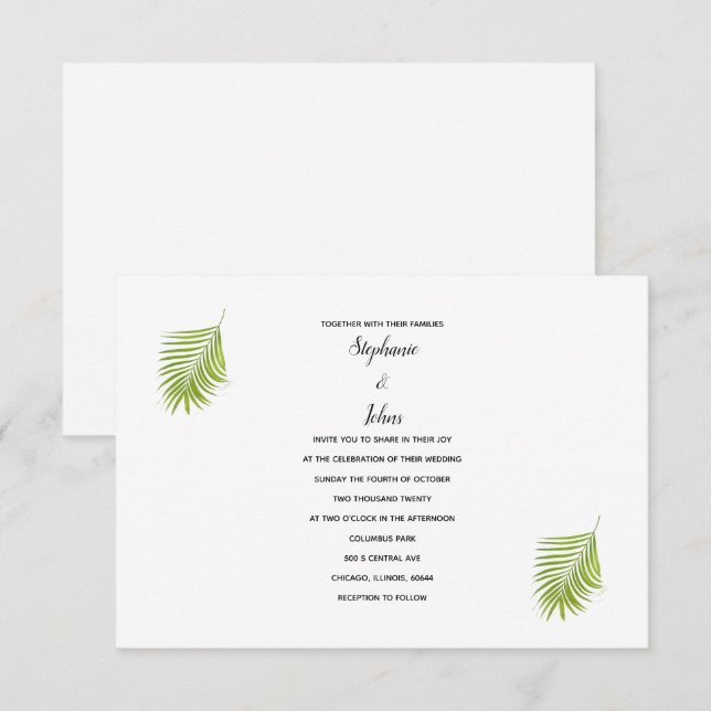 Green White Tropical Palm Leaf Modern Cool Wedding Invitation (Front/Back)