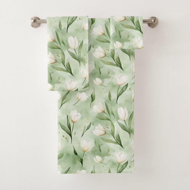 Green White Tulip Flowers Bridal Shower Bath Towel Set (Insitu)