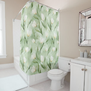 Green White Tulip Flowers Bridal Shower Curtain