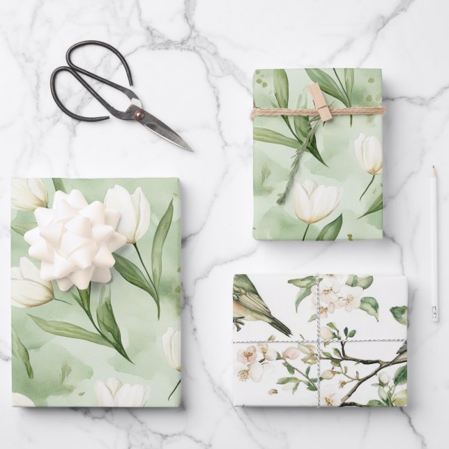 Green White Tulip Flowers Bridal Shower Wrapping Paper Sheet (Front)