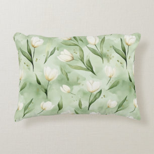 Green White Tulip Flowers Decorative Cushion