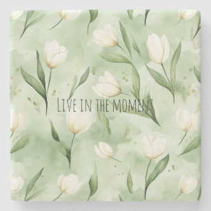 Green White Tulip Flowers Stone Coaster