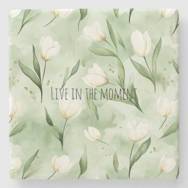 Green White Tulip Flowers Stone Coaster (Front)