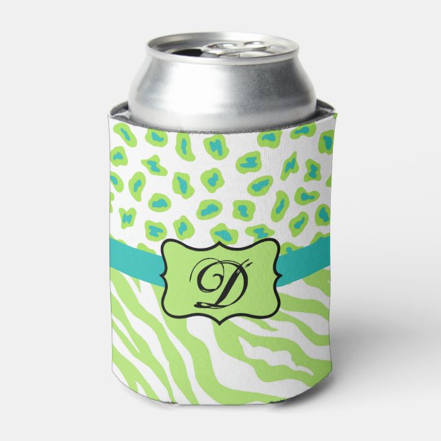Green White Turquoise Leopard Zebra Skin Monogram Can Cooler (Can Front)