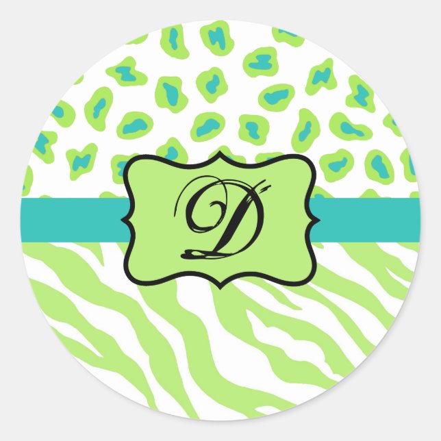 Green White Turquoise Leopard Zebra Skin Monogram Classic Round Sticker (Front)