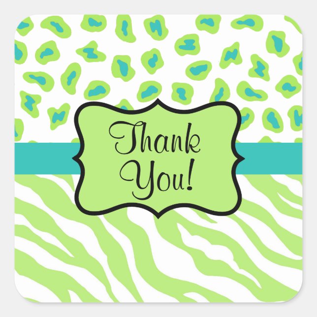 Green White Turquoise Leopard Zebra Skin Thank You Square Sticker (Front)