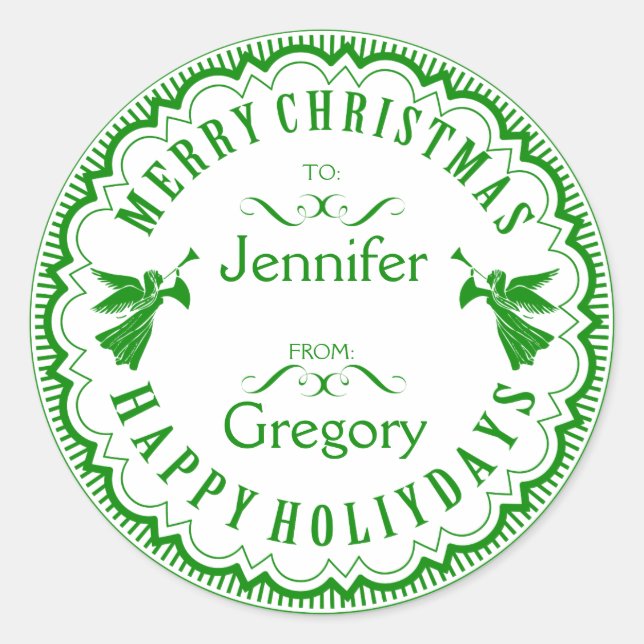 Green & White Typographical Christmas With Angels Classic Round Sticker (Front)