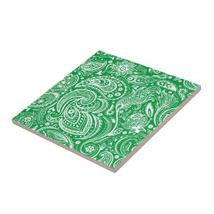 Green & White Vintage Floral Paisley Pattern Tile