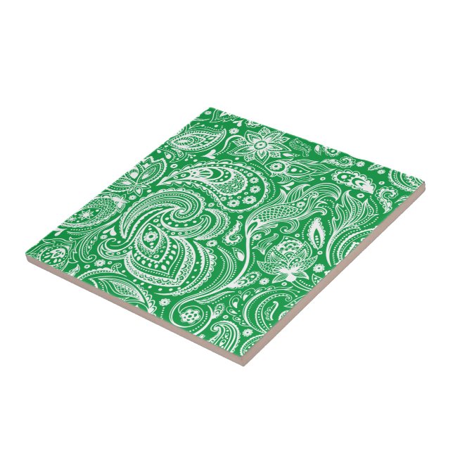 Green & White Vintage Floral Paisley Pattern Tile (Side)