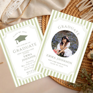Green White Vintage  Photo Graduation Party Invitation