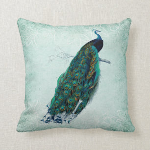 Green & White Vintage Style Peacock Cushion