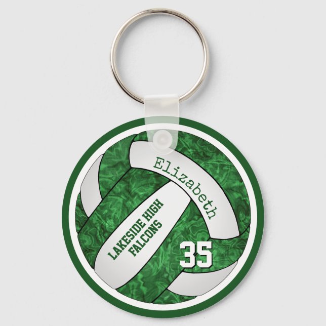 green white volleyball keychain w school team name (Front)