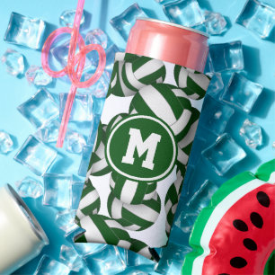 Green white volleyballs pattern w player monogram seltzer can cooler