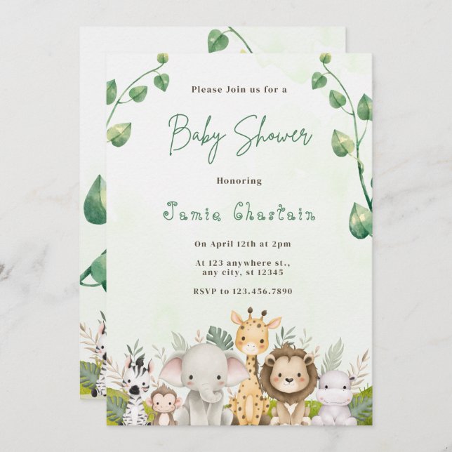 Green & White Watercolor Baby Shower Invitation (Front/Back)