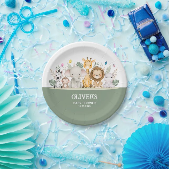 Green & White Watercolor Baby Shower  Paper Plate (Party)