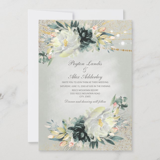 Green White Watercolor Floral Glitter Wedding Invitation (Front)
