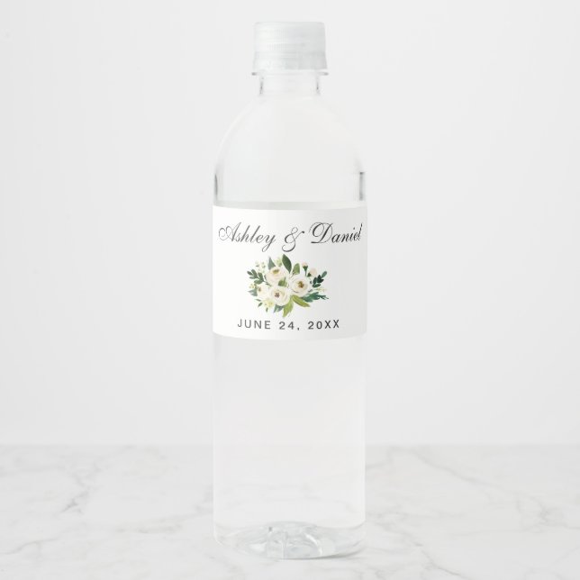 Green White Watercolor Floral Wedding Water Bottle Label (Front)