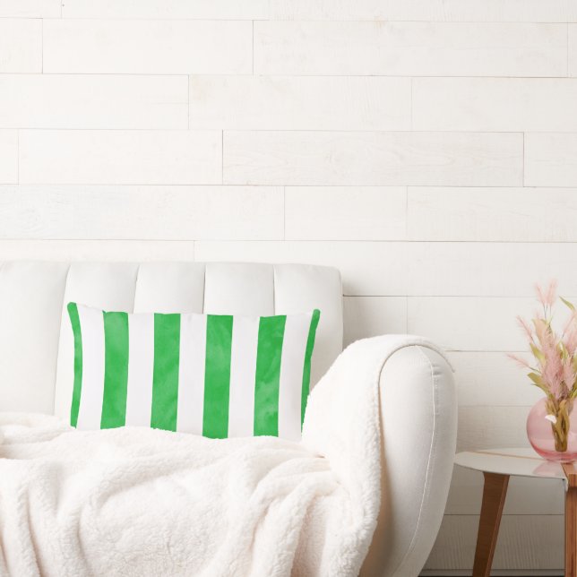 Green & White Watercolor Stripes Lumbar Cushion (Couch)