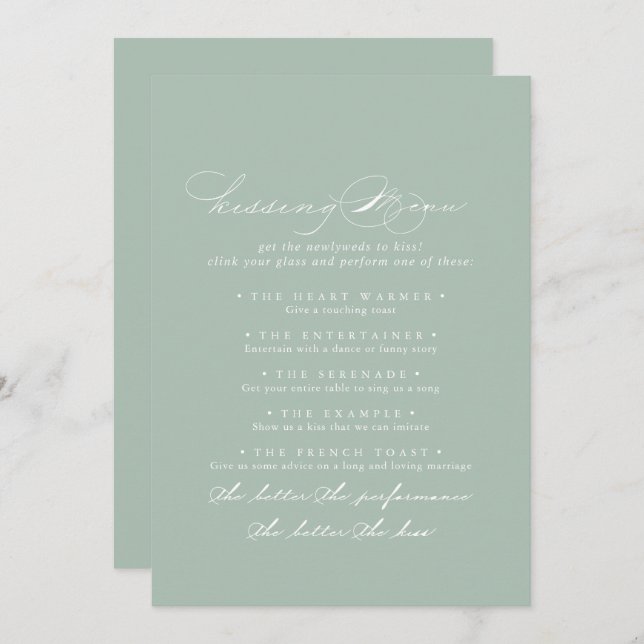 Green White Wedding Kissing Menu Game Card (Front/Back)