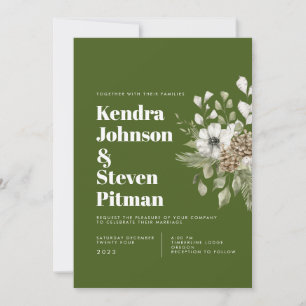 Green & White Winter Forest Bouquet Modern Wedding Invitation
