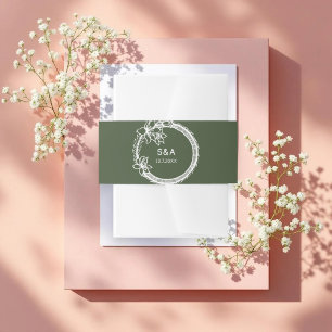 Green White Wreath Monogram  Invitation Belly Band