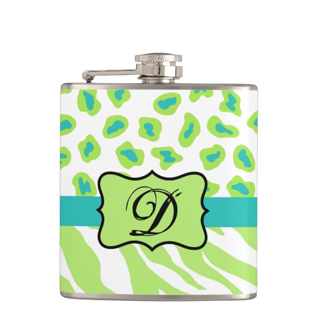 Green White Zebra Leopard Skin Monogram Initial Hip Flask (Front)