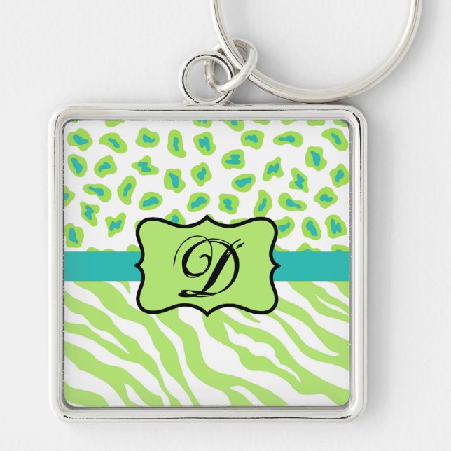 Green White Zebra Leopard Skin Monogram Initial Key Ring (Front)