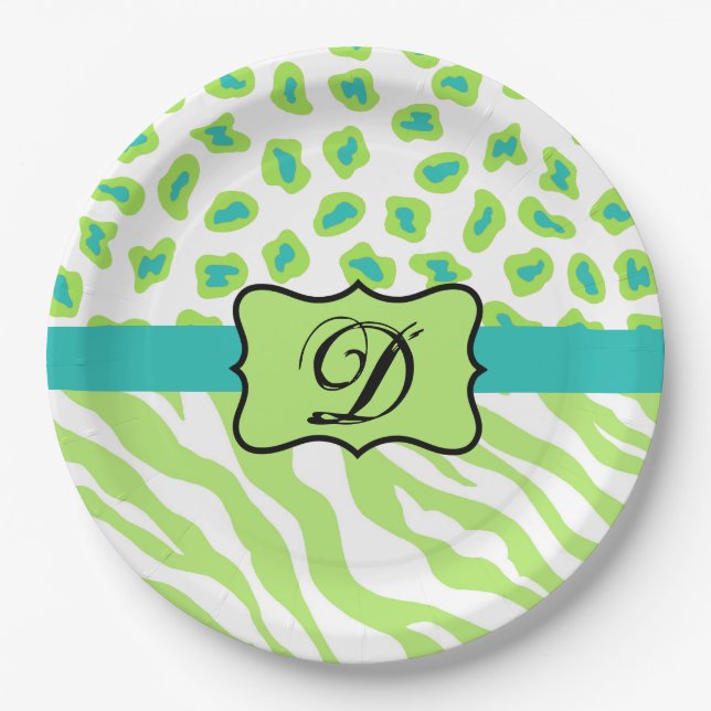 Green White Zebra Leopard Skin Monogram Initial Paper Plate (Front)