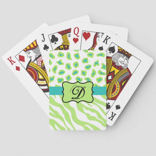 Green White Zebra Leopard Skin Monogram Initial Playing Cards (Back)