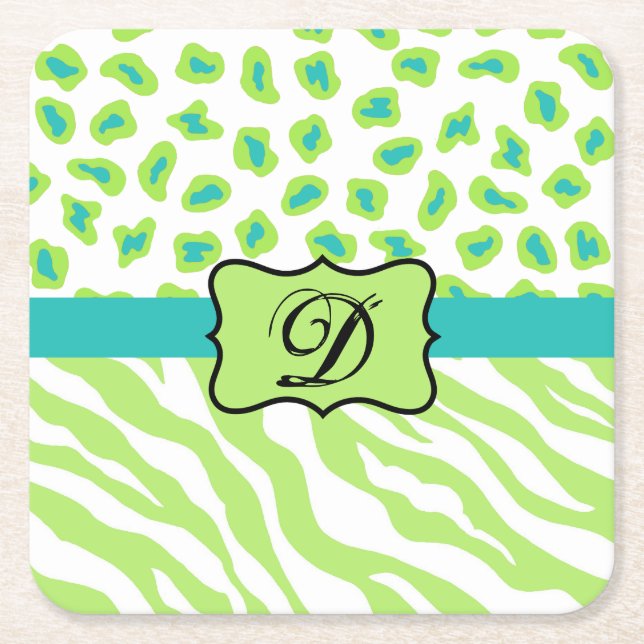 Green White Zebra Leopard Skin Monogram Initial Square Paper Coaster (Front)