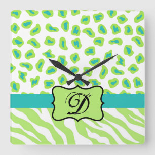Green White Zebra Leopard Skin Monogram Initial Square Wall Clock