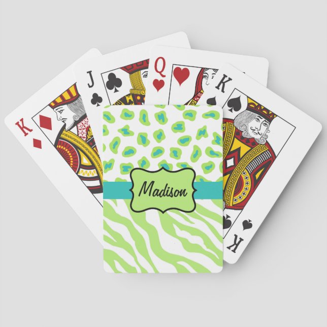 Green White Zebra Leopard Skin Name Personalised Playing Cards (Back)