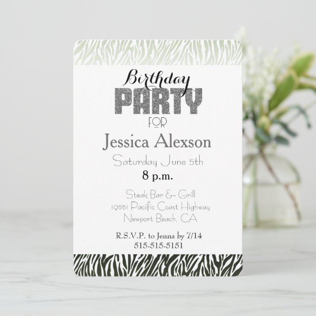 Green White Zebra Print Birthday Invitation (Standing Front)