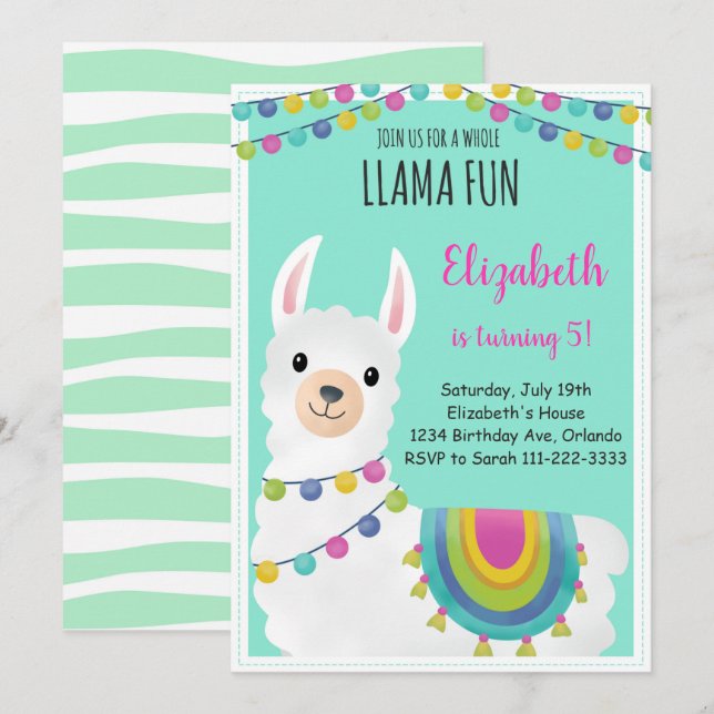 Green Whole Llama Fun Birthday Invitation (Front/Back)