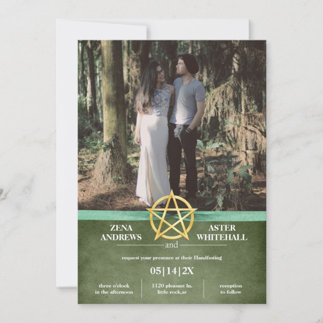 Green Wiccan Vintage Gold Pentacle Handfasting Invitation (Front)