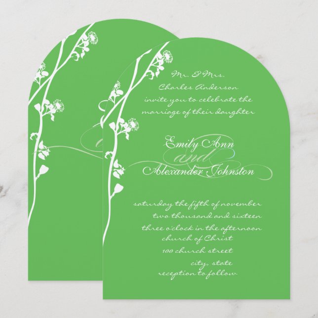Green Wild Flower Branch Wedding Invitation (Front/Back)