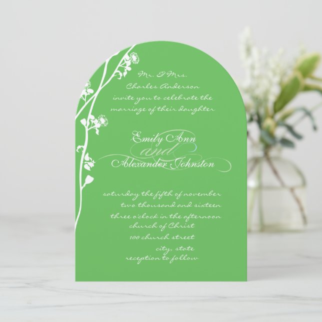 Green Wild Flower Branch Wedding Invitation (Standing Front)