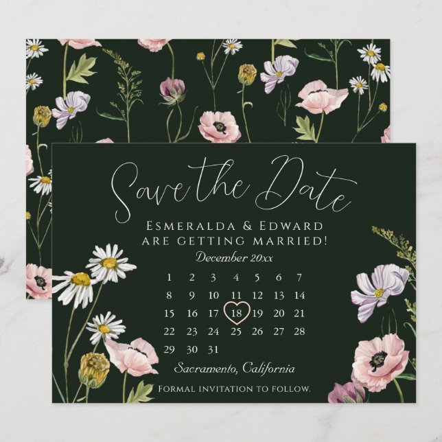 Green Wild Flower Wedding Calendar Save The Date  (Front/Back)