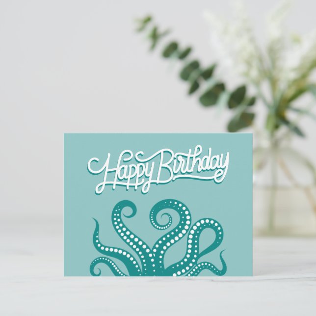 Green Wild Octopus Tentacles Happy Birthday Postcard (Standing Front)