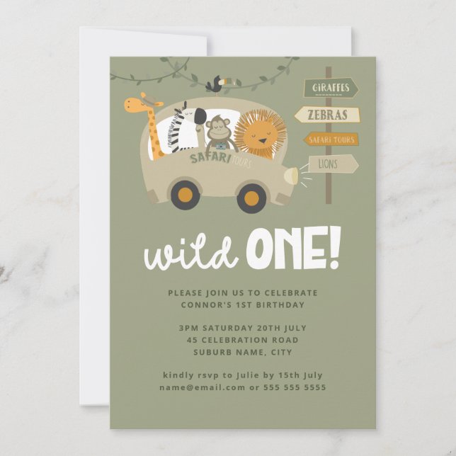 Green Wild One Safari Animals First Birthday  Invitation (Front)