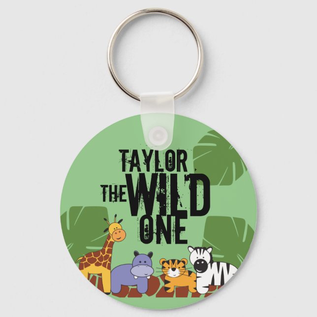 Green Wild One Safari Animals Personalized Key Ring (Front)
